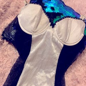 Black and White Mesh Silk Lingerie Corset SOLD